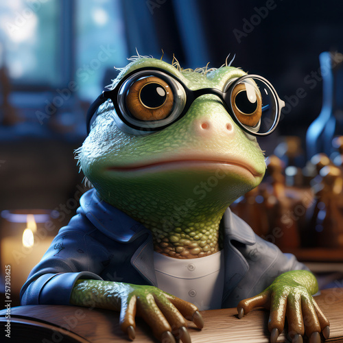 Green frog with oversized glasses sits at a desk