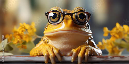 Golden frog dons stylish spectacles, posing amid flowers photo