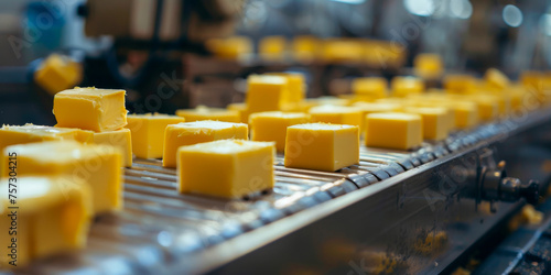 Neat squares of butter on a conveyor belt in a factory
