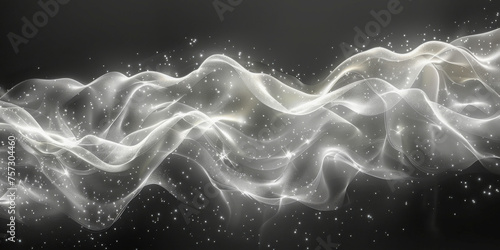 Elegant white shimmering waves with sparkling particles against a dark backdrop, embodying a cosmic or ethereal theme