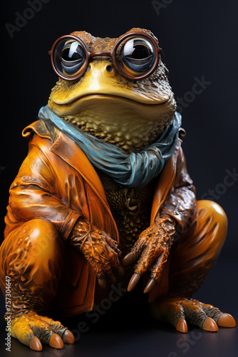 Fashionable frog in a brown leather jacket and with a scarf and glasses in a pensive pose
