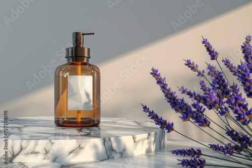 Mockup presentation of natural eco cosmetics. Brown cosmetic container with clean label and dispenser on marble podium  lavender flowers on a light background. 3d illustration