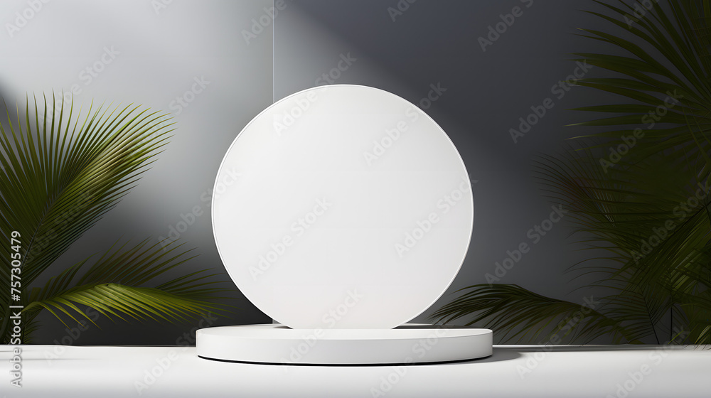 A serene scene featuring a 3D white oval podium with shadows and green tropical plants, ideal for a calm product presentation, product presentations A serene scene featuring a 3D white oval podium with shadows and green tropical plants, ideal for a calm product presentation, product presentations