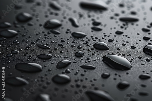 Close-up serene beauty of water droplets on a sleek, dark background with a focus on texture