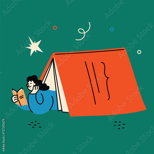 World Book Day graphics - book week events. Modern flat vector concept illustration of reading people, young woman reading book laying under the big book in retro style