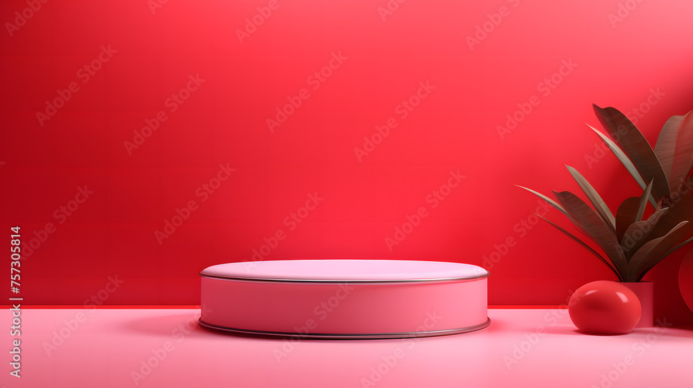 A vivid red room featuring a sleek circular platform in the center, complemented by a red sphere and tropical plant at the side, product presentations A vivid red room featuring a sleek circular platform in the center, complemented by a red sphere and tropical plant at the side, product presentations