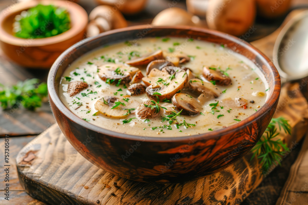 Delectable Creamy Mushroom Soup in Rustic Bowl on Wooden Background