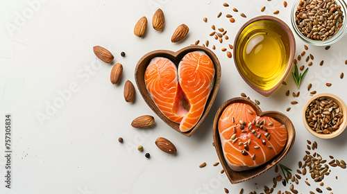 Healthy Fats for Heart, Top View of Nutritious Foods Rich in Omega-3 and Omega-6 Fatty Acids, Avocado, Nuts, Olive Oil, Fish, Concept of Heart Health and Balanced Diet, Generative Ai

 photo