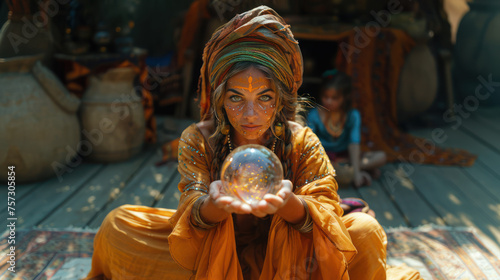 Mystical fortune teller with crystal ball in a bohemian setting, conveying a sense of magic and mystery.