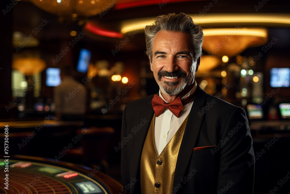 Fototapeta premium Luxurious restaurant casino las vegas vip night Generative AI poker slots cards roulette players gamers.