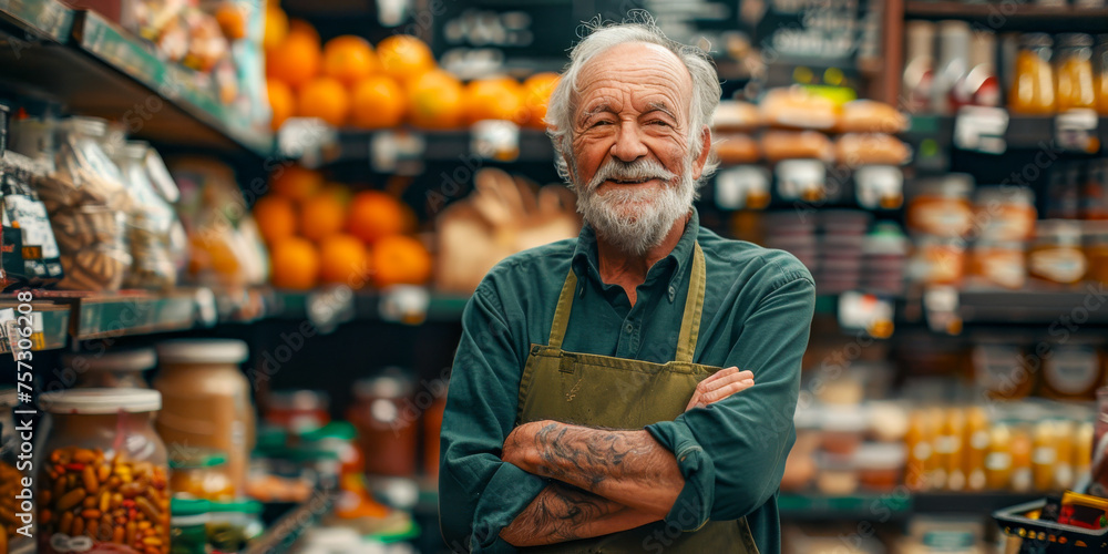 Cheerful Senior Man in Grocery Store with Apron Cheerful Senior Man in Grocery Store with Apron