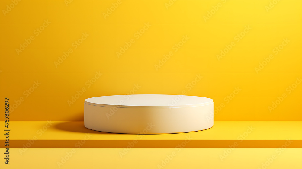 An inviting yellow scene featuring a subtle shadow play and a cylindrical podium for product showcasing, product presentations An inviting yellow scene featuring a subtle shadow play and a cylindrical podium for product showcasing, product presentations