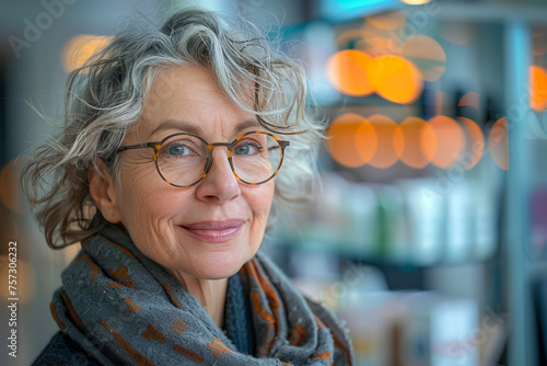 A joyful elderly woman wearing a scarf, with fashionable eyewear