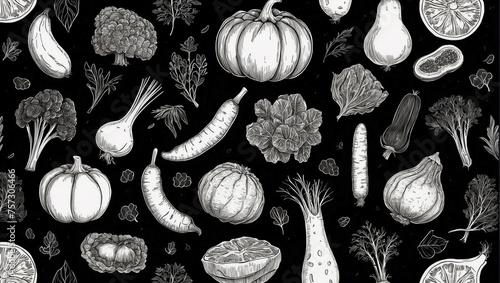 Farmer's market seamless pattern. Set of food and drinks doodle on chalkboard background photo