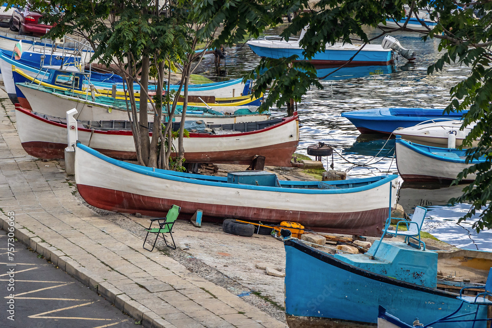 Boats in port of historic part of Nesebar city, Bulgaria