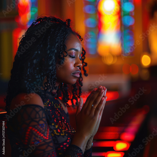 Afro-american woman praying in church with colorful stained glass window reflections.