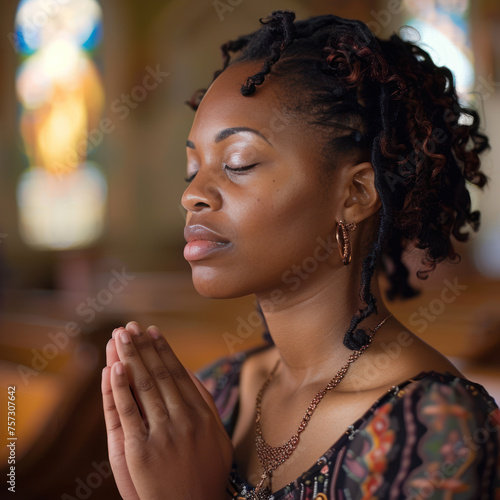 Serene black woman praying with closed eyes and clasped hands, spirituality and faith concept.