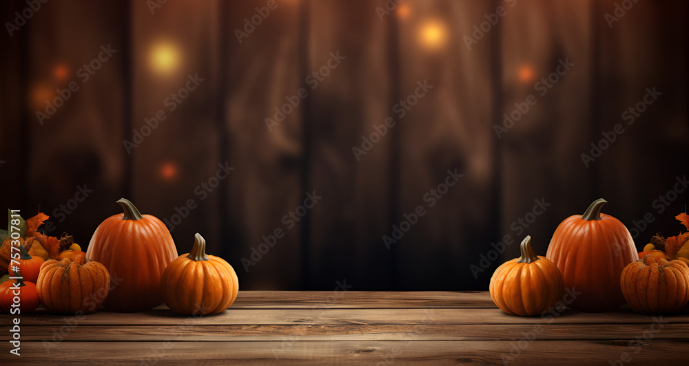 Halloween background with pumpkins on wooden table   wood table bokeh spooky Halloween background