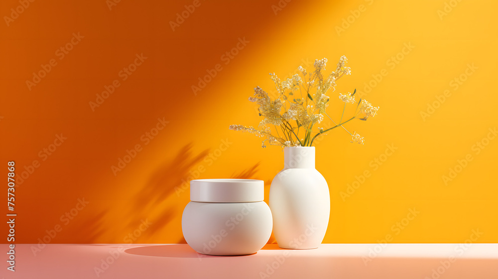 Bright and bold image with a modern aesthetic, featuring two abstract vases with delicate flowers on an orange surface, product presentations	