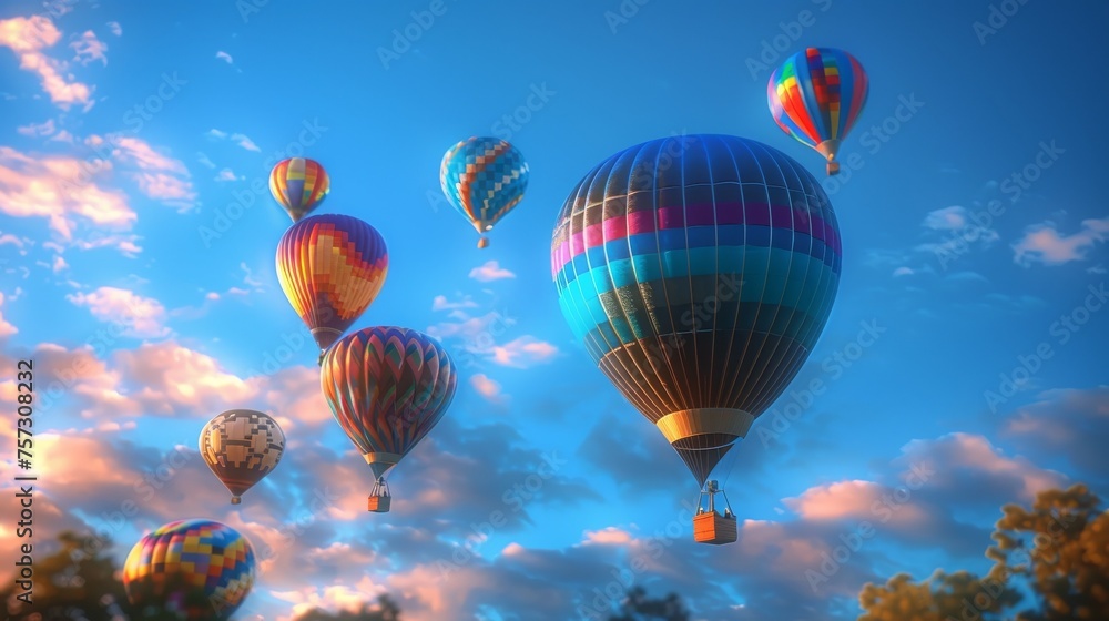 Fototapeta premium Experience the ultimate adventure of travel with a hot air balloon ride, soaring through the blue sky and clouds, igniting your imagination and creativity