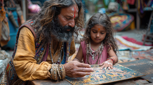 Traditional Indian artisan teaching a young girl the craft of embroidery with colorful threads.