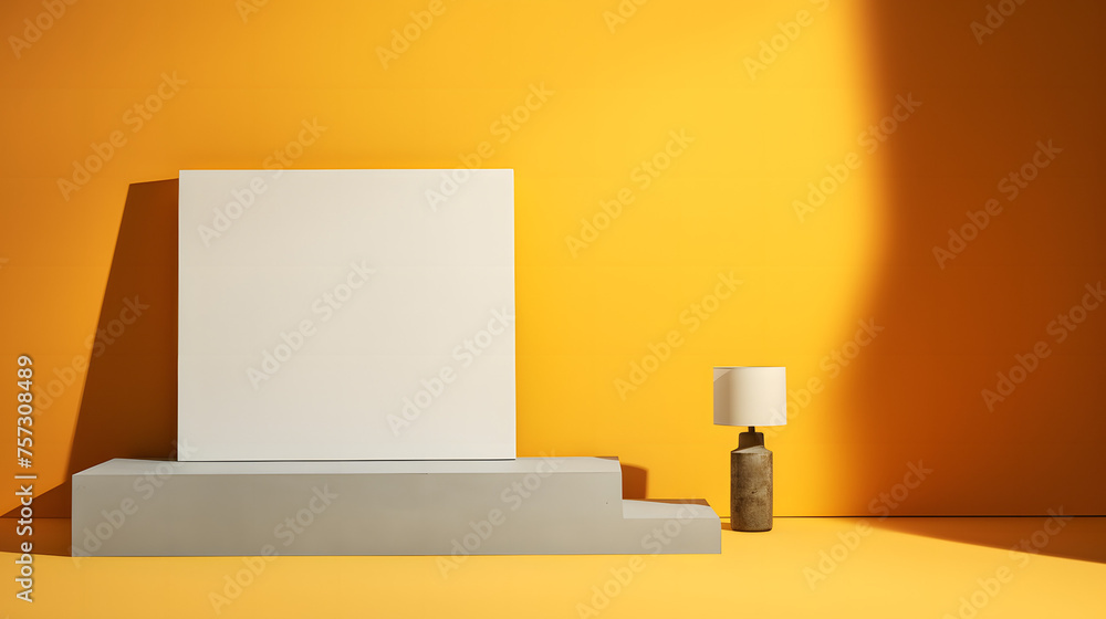 Clean product display setup against a yellow wall creates a space for imagination and branding opportunities, product presentations Clean product display setup against a yellow wall creates a space for imagination and branding opportunities, product presentations
