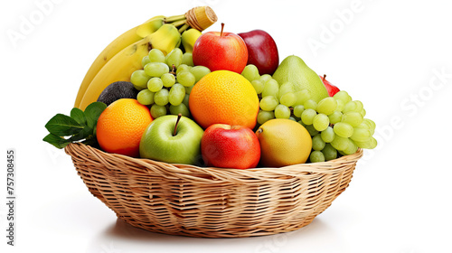 Organic fruits in wicker basket. Isolated on white background