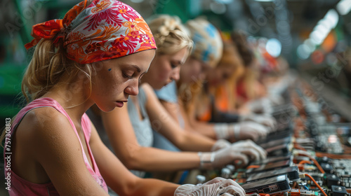Focused female of different ethnicities working on assembly line in factory producing phone