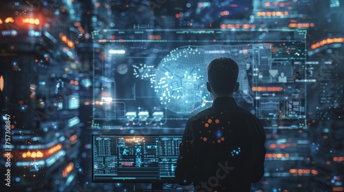 Data science  business intelligence. Business man using computer devices with internet global network technology and big data  cloud computing  AI software development  digital