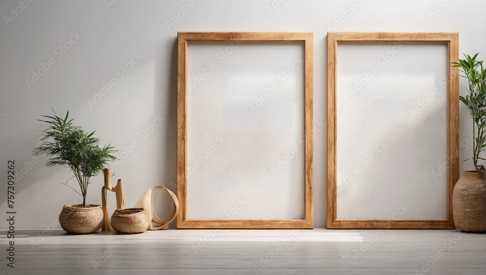 Empty wooden frame on white wall, frame mockup Empty wooden frame on white wall, frame mockup