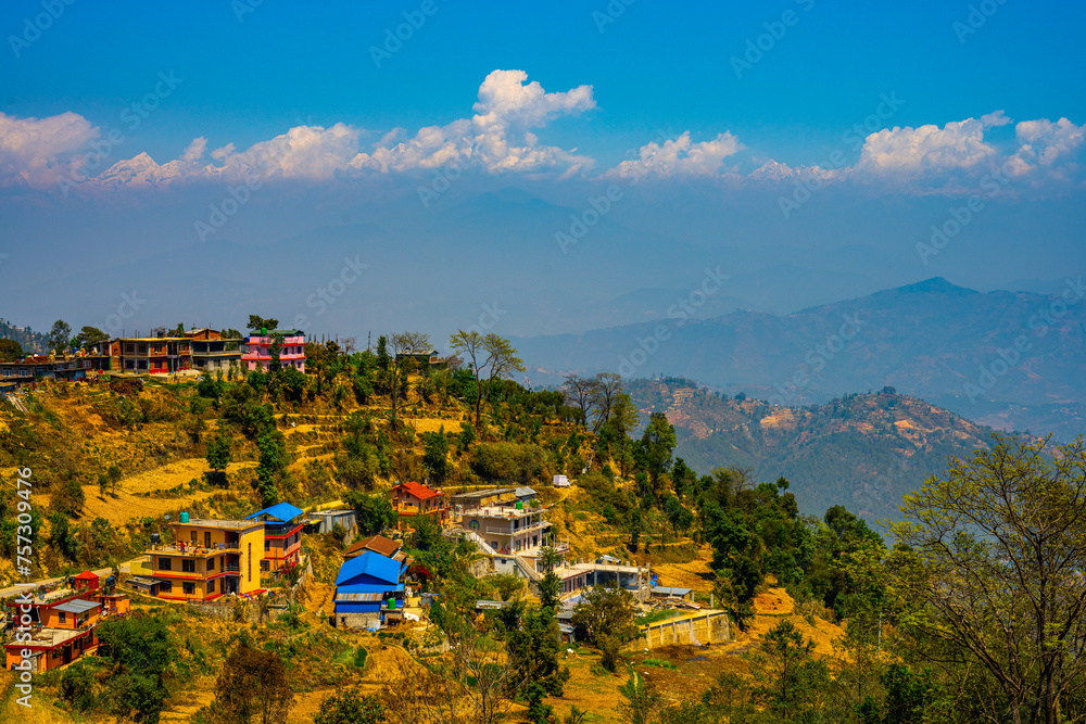 Terraced Landscape and Traditional Architecture Overlooking the Himalayas in Dhulikhel, Nepal