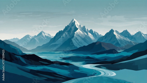 Abstract art landscape featuring mountains in serene azure colors, suitable for premium wallpaper, wall art, and high-end promotional material.