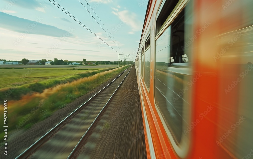 Rural Rush, The dynamic motion of a bright orange train captured as it speeds through the tranquil countryside, with blurred green fields and skies stretching towards the horizon Rural Rush, The dynamic motion of a bright orange train captured as it speeds through the tranquil countryside, with blurred green fields and skies stretching towards the horizon