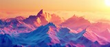 Polygonal Peak Panorama, An artistic rendition of a mountain range at sunset, with a vivid color palette and a polygonal design that gives the landscape a modern, digitalized look