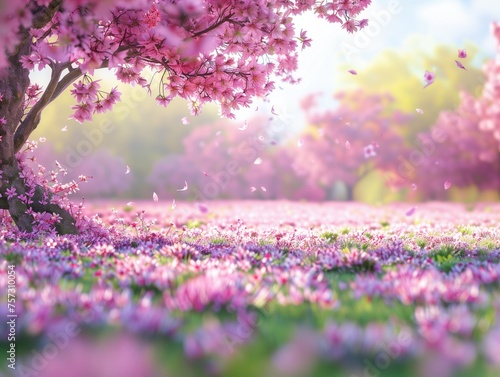 Springtime Sakura Delight  A breathtaking scene of a blooming sakura cherry blossom tree with petals gently falling onto a vibrant field of pink flowers  all bathed in the soft  golden light of spring