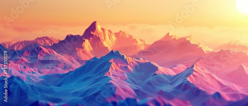 Polygonal Peak Panorama, An artistic rendition of a mountain range at sunset, with a vivid color palette and a polygonal design that gives the landscape a modern, digitalized look © auc