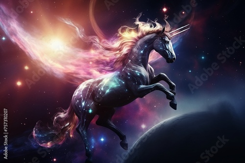 Celestial unicorn emerging from a space nebula crafting galaxies in its path