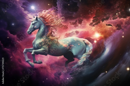 Celestial unicorn emerging from a space nebula crafting galaxies in its path photo