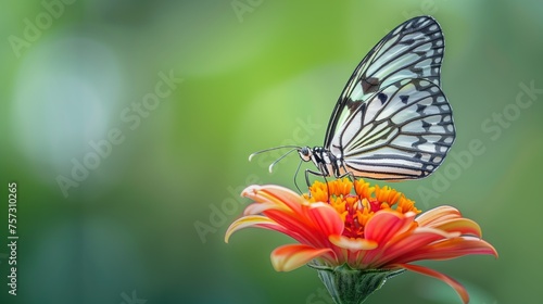 Butterfly on Bloom, intricate wing patterns rests gracefully on the vibrant petals of a blooming flower, set against a soft, bokeh green background that highlights this moment of natural elegance