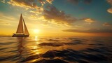 Sunset Sail on the Open Sea, A sailboat glides across the open water, its sails full with the wind, as the sun sets in a majestic display of oranges and yellows, painting the sky and sea with warm