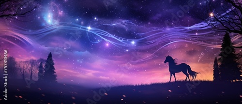 Starry night with a unicorns silhouette auroras and constellations framing its grace