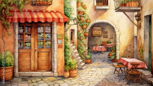 Watercolor of a quaint alley with a small pizzeria inviting entrance © chayantorn