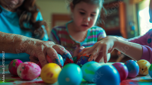 Family members of different ages engage in the painting and decorating of Easter eggs. The table is scattered with brightly coloured eggs