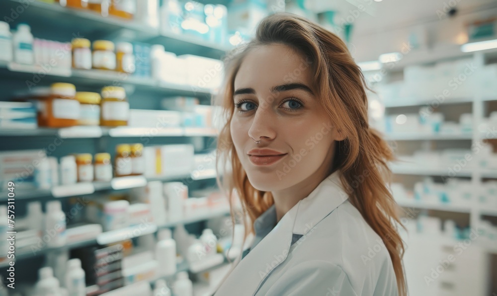 Female pharmacist in a white lab coat standing in a well stocked pharmacy Female pharmacist in a white lab coat standing in a well stocked pharmacy