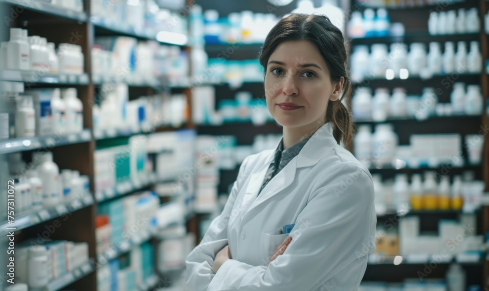 Female pharmacist in a white lab coat standing in a well stocked pharmacy