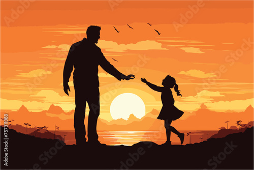Father and little daughter playing silhouettes, Father playing with daughter on sunset, Silhouette of a little girl and dad sunset background © Creative_Design