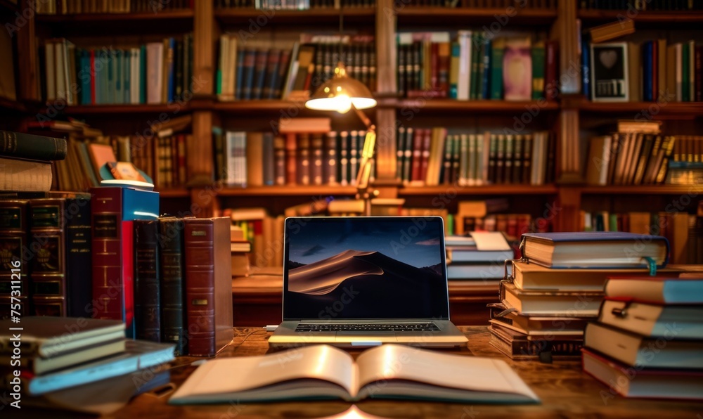 Laptop on library table surrounded by books Laptop on library table surrounded by books