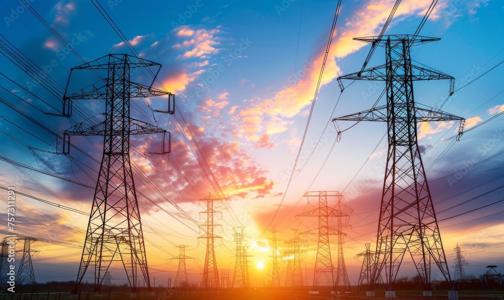 High-voltage poles carrying electricity generated by sunlight and illuminated by the rising sun