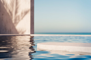 Podium stand in luxury swimming pool water with sea and sunset view. Summer background of tropical design product placement display. Hotel resort poolside backdrop.