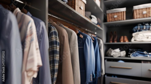 Sleek Wardrobe Interior with Stylish Menswear Collection and Shoes. Custom built-in furniture.